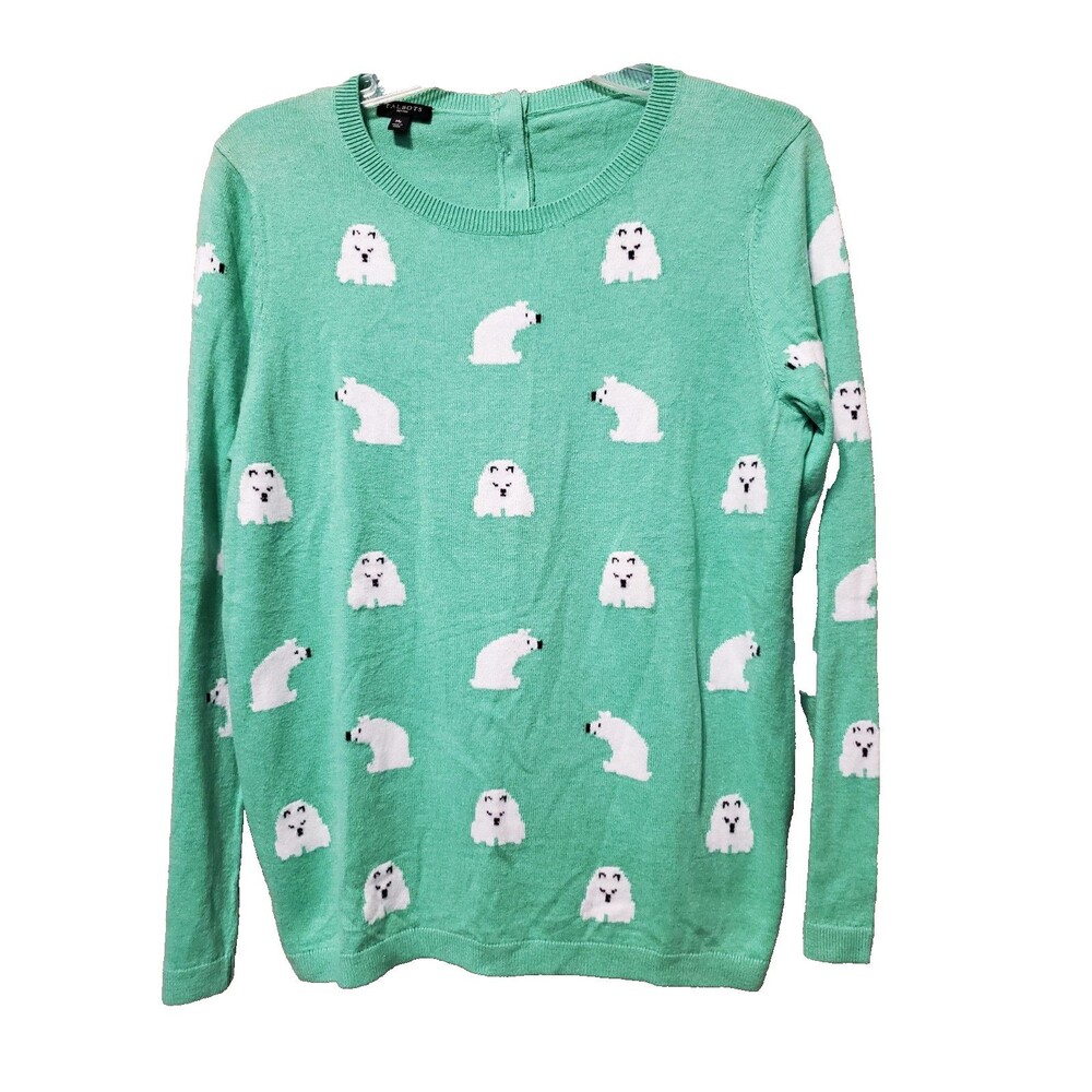 Talbots Petites Cashmere Blend Green Polar Bear Crew Neck Sweater Size MP